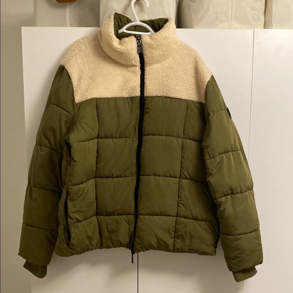 Olive Green Puffer Jacket with Sherpa Collar